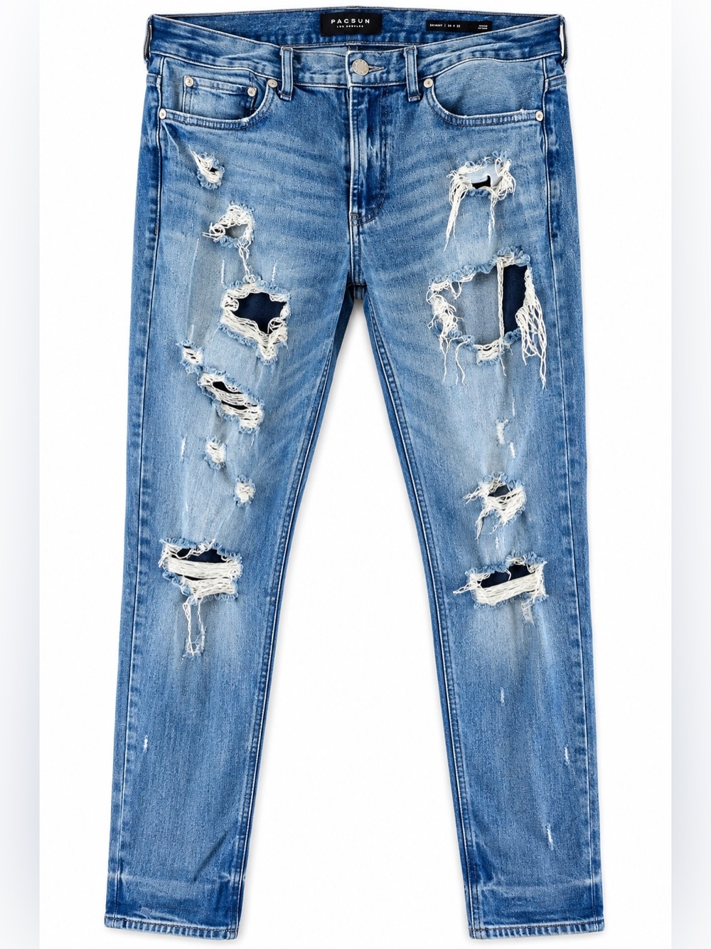 PacSun Men’s Skinny Jeans Sz 34x32 (36X32) Blue Distressed Ripped Stretch Denim